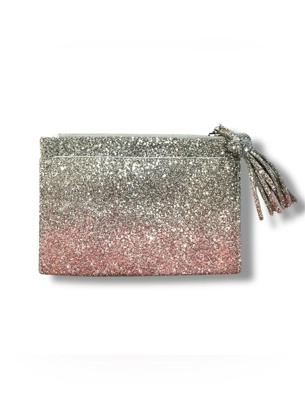 Katherine Kwei Silver Pink Ombre Glitter Leather Lila Pouchette Clutch Bag NWT